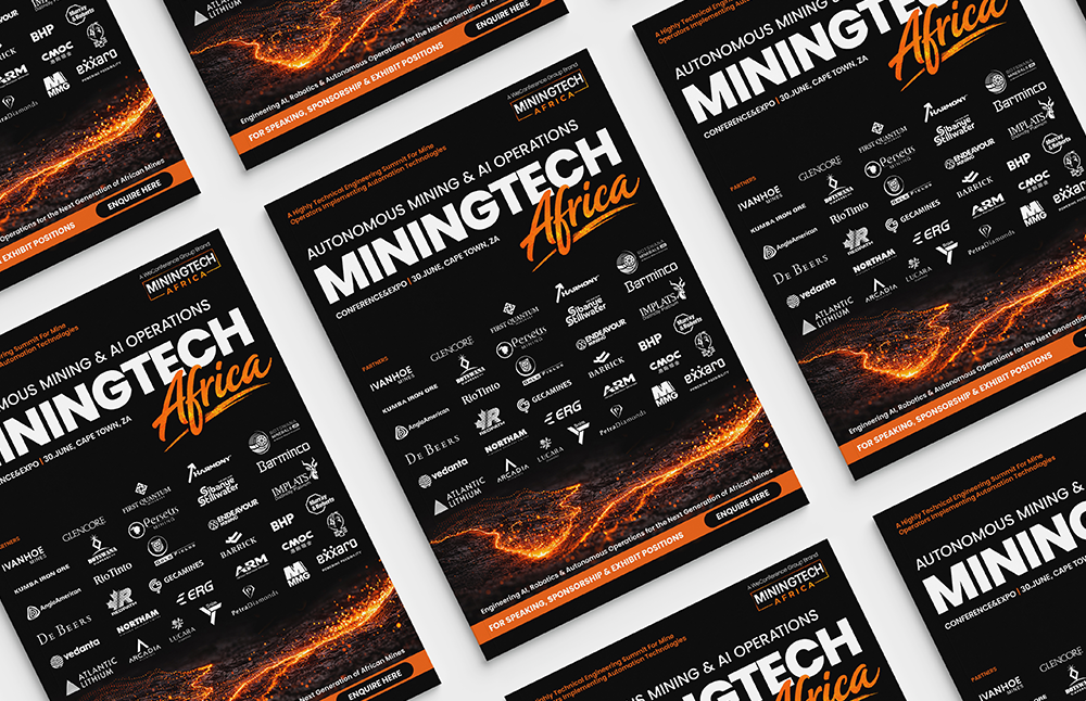 Multiple flyers promote the MiningTech Africa conference, featuring logos of sponsors and exhibitors, event dates, and a black and orange color scheme with a digital lava-like graphic.